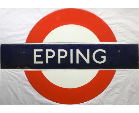 London Underground enamel PLATFORM BULLSEYE SIGN from Epping Station on the Central Line, the northern terminus. A 3-part sig