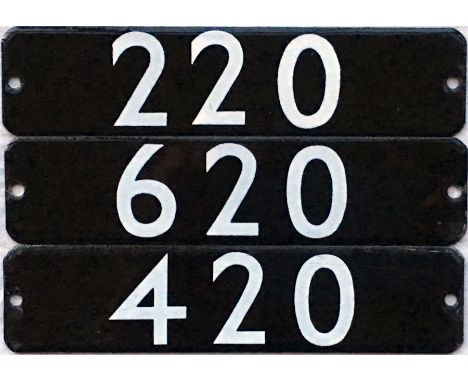 Set of London Underground 1973 Tube Stock enamel STOCK-NUMBER PLATES from a 3-car unit: 220, 620 and 420, a driving motor car