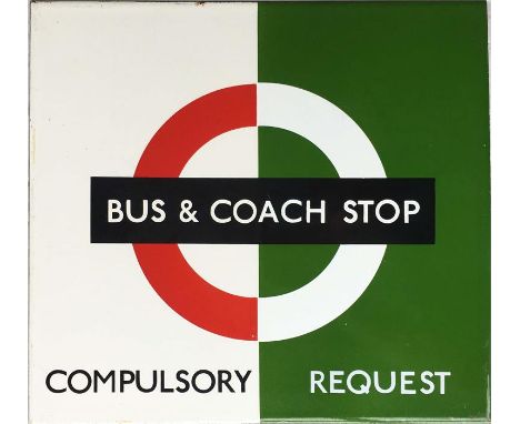 London Transport enamel BUS & COACH STOP FLAG ('Bus Compulsory, Coach Request'). A small, single-sided sign of the type that 