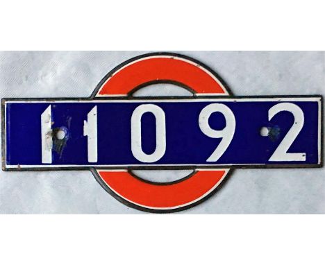 London Underground enamel STOCK-NUMBER PLATE from 1938-Tube Stock Driving Motor Car 11092. These plates were located inside, 