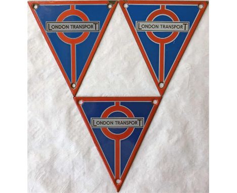 Selection of London Transport RT bus enamel RADIATOR TRIANGLE BADGES for Central (red) versions. Two are lightly-used, the ot