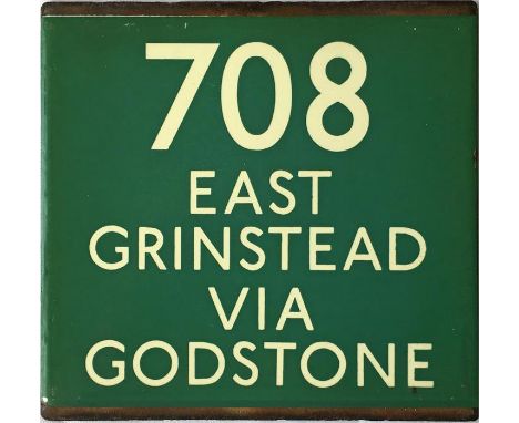 London Transport coach stop enamel E-PLATE for Green Line route 708 destinated East Grinstead via Godstone. This is an early 