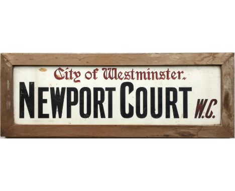 A c1930s City of Westminster opal glass STREET SIGN from Newport Court, WC, a street off Charing Cross Road, close by London'