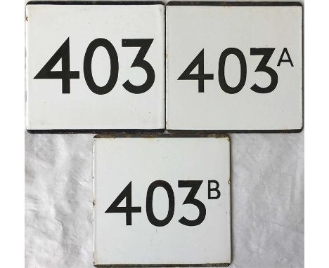Selection of London Transport bus stop enamel E-PLATES for the 403 group out of Chelsham garage comprising 403,, 403A (origin