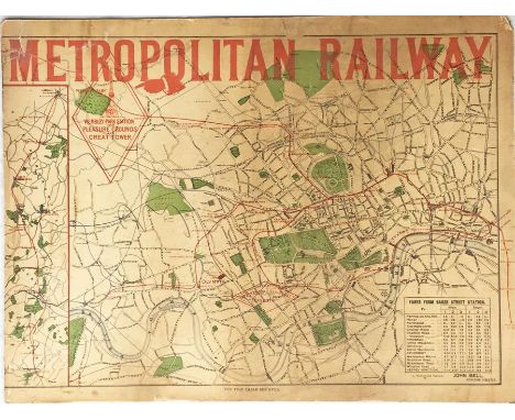 1898 Metropolitan Railway MAP mounted on hardboard. Highlights the Wembley Pleasure Grounds including the Great Tower, the 1s