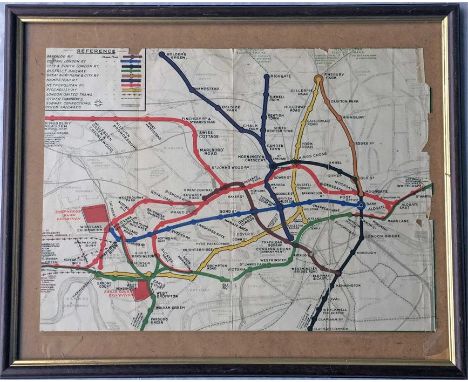 c1908 London Underground MAP in a frame. Shows the Shepherds Bush and Earl's Court Exhibitions. An ex-guidebook copy with the