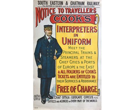 1904 South Eastern & Chatham Railway/Thomas Cook double-royal POSTER 'Interpreters in Uniform meet the principal trains and s