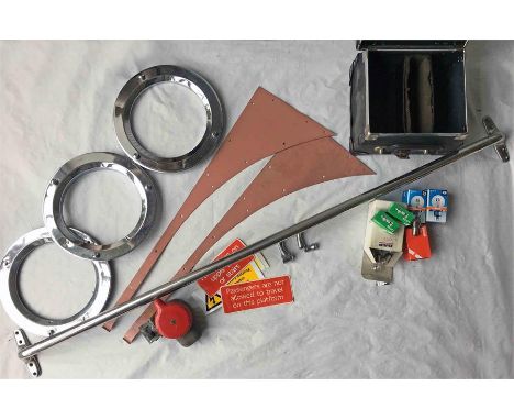 Selection of Routemaster etc mainly second-hand SPARE PARTS: grab rail (50" - 127cm), chrome wheel trims x 3, small body pane