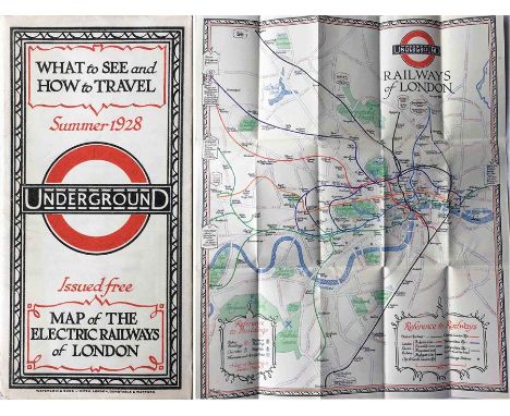 1928 London Underground MAP of the Electric Railways of London "What to see and how to travel". Summer 1928 edition, designed