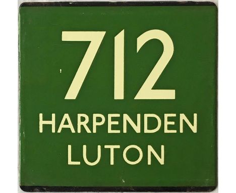 London Transport coach stop enamel E-PLATE for Green Line route 712 destinated Harpenden, Luton. This plate would have been l