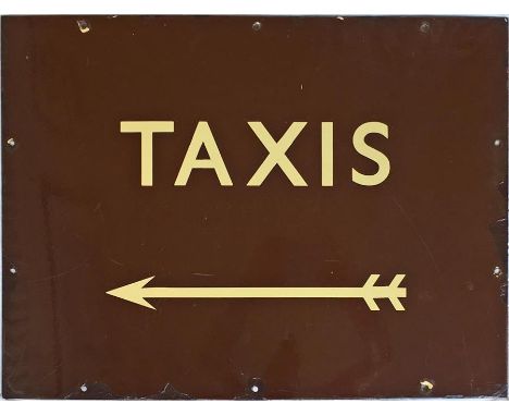 British Railways (Western Region) ENAMEL SIGN 'Taxis' with a left-facing arrow with two flights. Measures 24" x 18" (61cm x 4