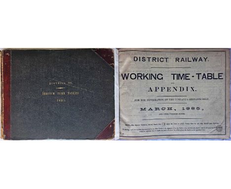 Official bound volume of District Railway SERVICE TIMETABLES for 1885. Contains the working timetable issues from March to No