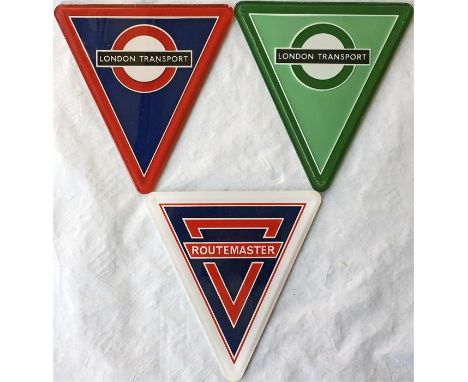 Selection of London Transport etc Routemaster RADIATOR TRIANGLE BADGES comprising Central (red) RM/RML, Country (green) RMC/R