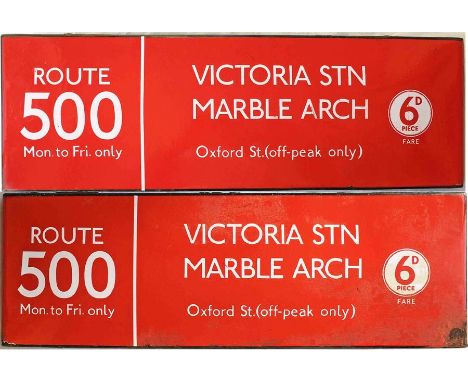 London Transport bus stop enamel EXTENSION 'BOAT' SIGN for Red Arrow route 500 between Victoria Station and Marble Arch. Beli