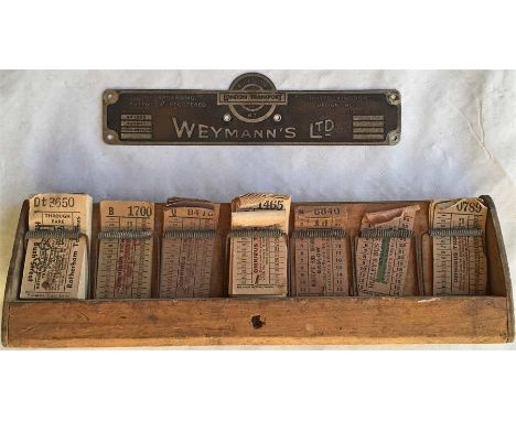 London Transport RT bus BODYBUILDER'S PLATE for Weymann's Ltd plus a bus conductor's wooden TICKET RACK, a double-sided, 14-p