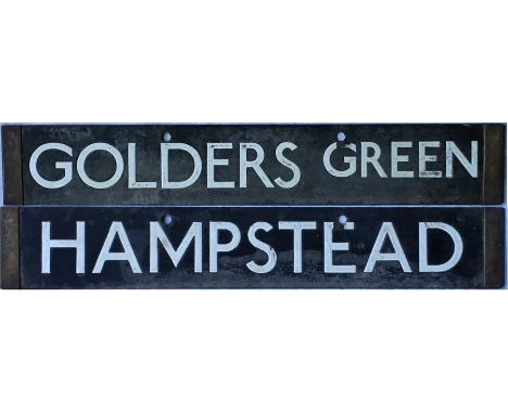 London Underground 1938-Tube Stock enamel CAB DESTINATION PLATE for Golders Green / Hampstead on the Northern Line. A double-