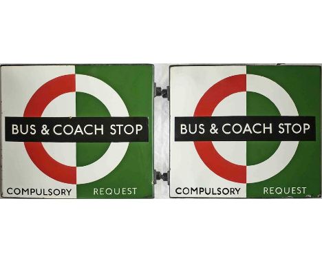 London Transport enamel BUS & COACH STOP FLAG (bus compulsory, coach request). A 1950s/60s 'bullseye'-style, double-sided 'bo