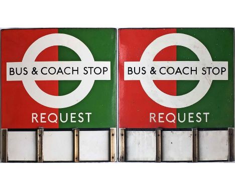 1950s/60s London Transport enamel BUS & COACH STOP FLAG (Request), an E3 version with runners for 3 e-plates on each side. A 