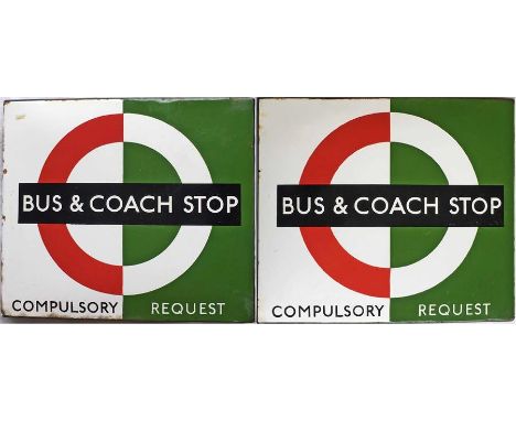 London Transport enamel BUS & COACH STOP FLAG (bus compulsory, coach request). A 1950s/60s 'bullseye'-style, double-sided 'bo