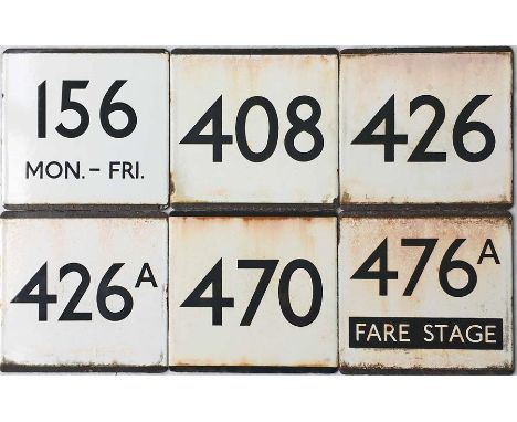 Selection of London Transport bus stop enamel E-PLATES comprising routes 156 Mon-Fri, 408, 426, 426A, 470 and 476A from the S