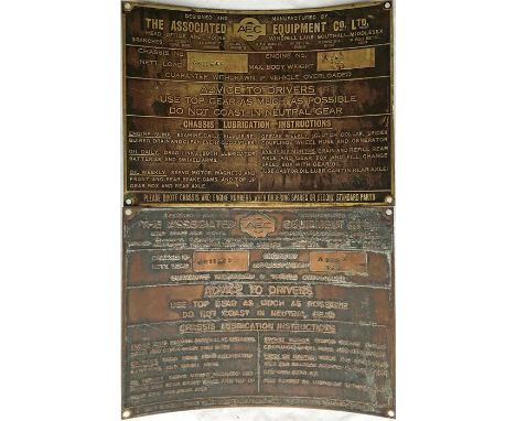 Pair of 1930s AEC Regent  brass MANUFACTURER'S PLATES for chassis nos 6611643 and 6611562 with engine nos A 152 273 and A145A