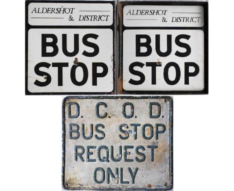 Pair of BUS STOP FLAGS, the first a double-sided, fully-flanged enamel example from Aldershot & District, with the later flee