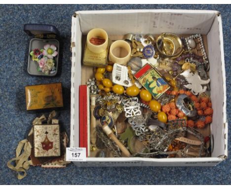 Box of assorted items to include: amber butterscotch type graduated beads; enamel pendant/brooch; Mauchline ware box, Walton 