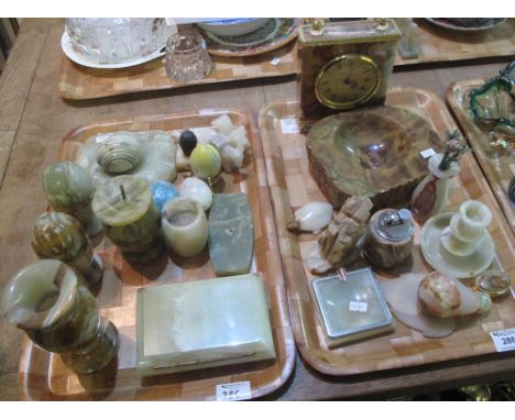 Two trays of mainly onyx items to include: candlesticks; specimen eggs; baluster vase; mantel clock; ashtray; trinket boxes e
