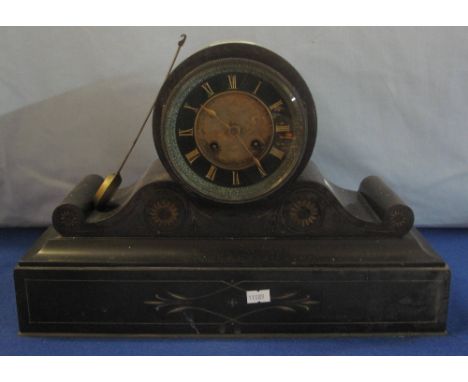 Late 19th Century slate drum head mantel clock, having two train movement, with pendulum.(B.P. 24% incl. VAT)
