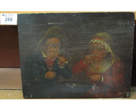 Dutch School, (19th Century), portrait study, couple in a tavern interior, he smoking clay pipe with glass, she taking snuff,