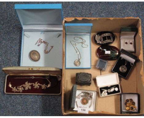 Box of assorted silver and costume jewellery to include: brooches; purple stone necklaces; German metal Art Nouveau type trin