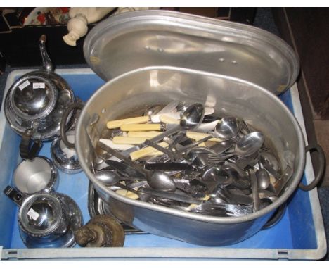 Plastic box containing assorted metalware to include: loose plated cutlery; brass bell; Wikka ware etc.(B.P. 24% incl. VAT)