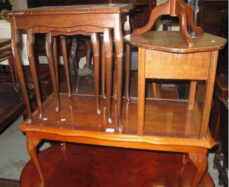 Modern hardwood coffee table with glass inset top, together with a modern nest of three tables, modern wine tripod table and 