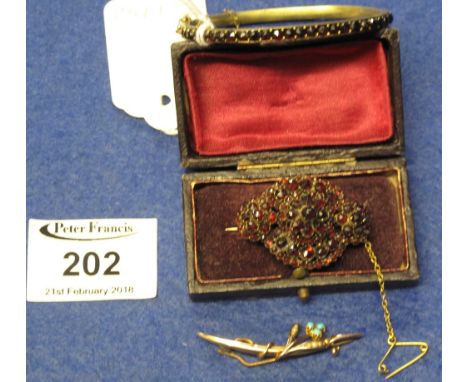 Victorian Bohemian garnet bangle and brooch, together with 9ct gold, turquoise and seed pearl bar brooch.(B.P. 24% incl. VAT)