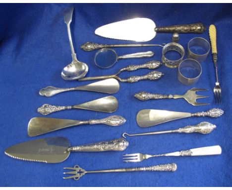 Mixed bag of assorted silver and silver plate to include: various silver handled items - button hooks; shoe horns; glove stre