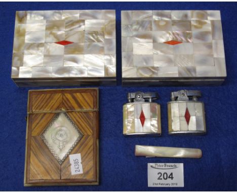 Bag of assorted mother-of-pearl items to include: pair of rectangular boxes; two similar lighters - Omega and Prince; cigaret