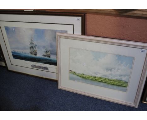 Four large furnishing prints including: hunting scene; moorland scene with shepherd; interior study etc., together with a lim