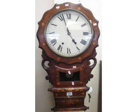 Victorian carved and inlaid two train, drop dial wall clock with pendulum and key.(B.P. 24% incl. VAT)