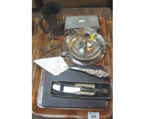 Tray of assorted metalware to include: silver plated cigar box; chamber stick; loose plated cutlery; pewter tankard etc.(B.P.