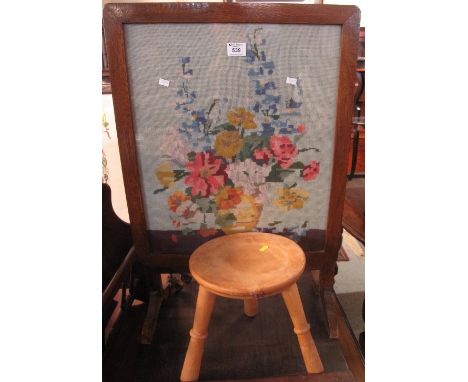 Small beech milking stool, together with an oak framed floral tapestry fire screen. (2)(B.P. 24% incl. VAT)