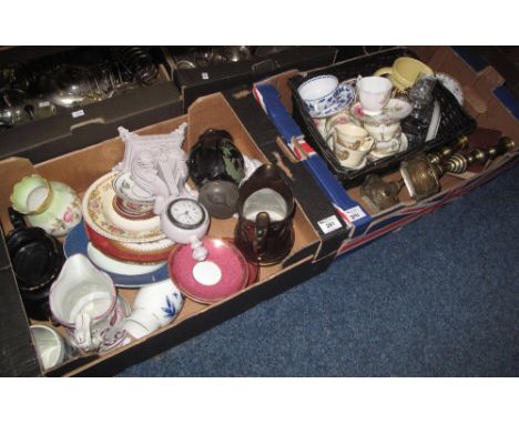 Two trays of assorted china, glass and metalware to include: Spode Copeland china 'Colonel' cabinet cup and saucer; Royal Alb