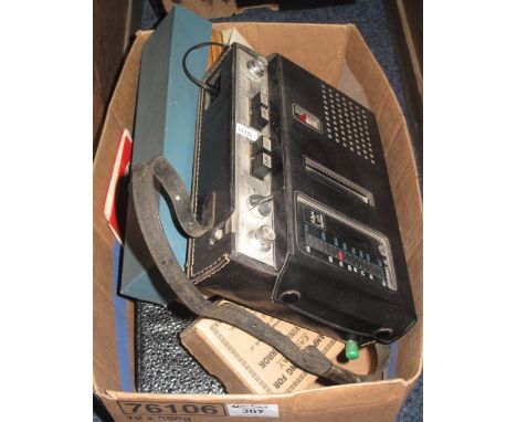 Box of assorted electrical and other items to include: vintage Trident travelling iron in fitted box; vintage radio; Zenit ca