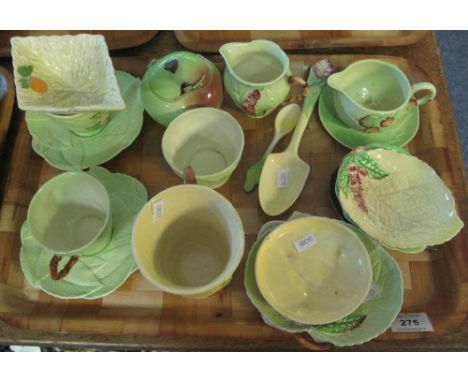 Tray of mainly assorted Carlton ware, fruit and leaf design items to include: preserve pot and cover; teacups and saucers; ti