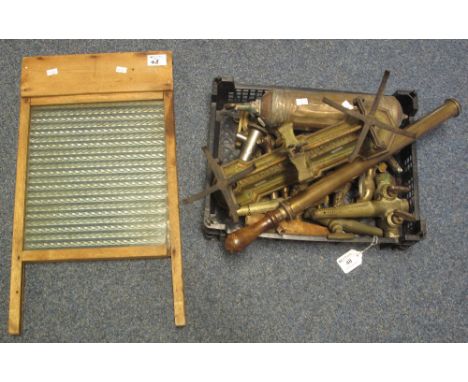 Vintage glass washboard, together with a box of assorted metalware including: brass taps; fire extinguisher; brayer and kitch