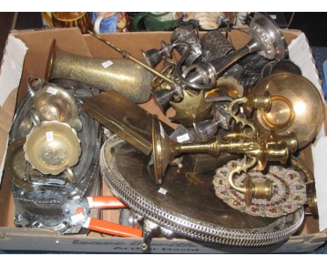 Tray of assorted metalware to include: brass and silver plated table candelabra; Middle Eastern vase and cigar box; silver pl