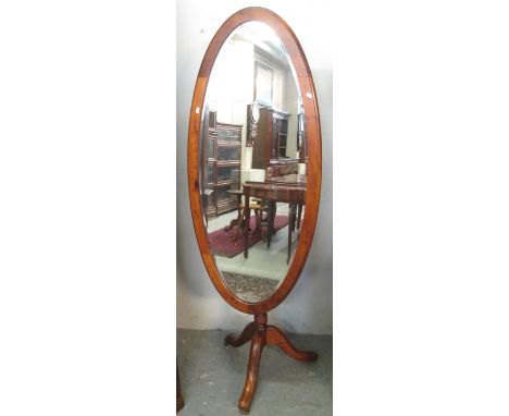 Modern pine oval bevel plate cheval type mirror on tripod legs.(B.P. 24% incl. VAT)