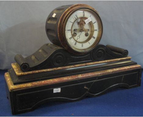 Late 19th Century slate and marble drum head, two train mantel clock.(B.P. 24% incl. VAT)