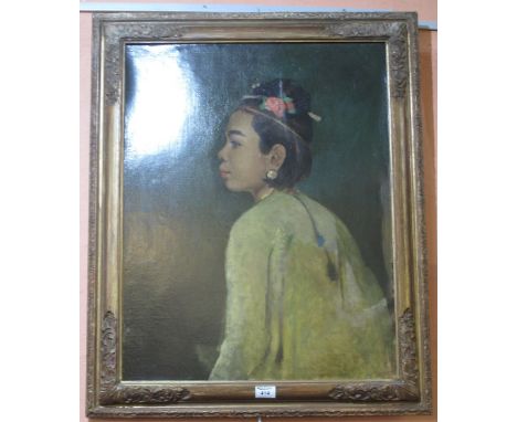 Portrait of an Oriental girl, over-painted, oils on canvas, framed, 70 x 54cm.(B.P. 24% incl. VAT)