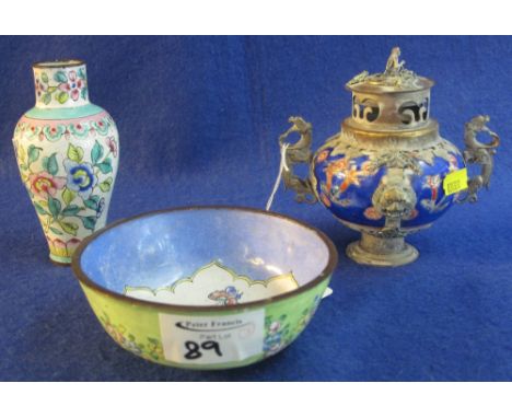 Small Chinese Canton enamel florally decorated bowl, together with a similar Canton enamel miniature baluster vase and a smal