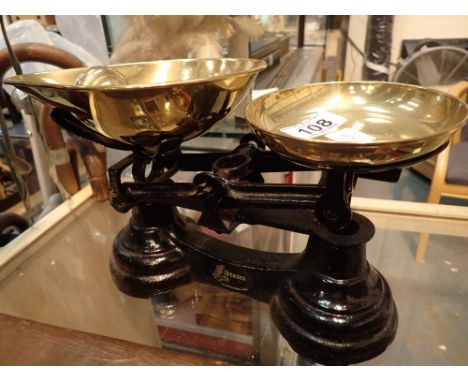 Set of antique style brass scales with bell weights